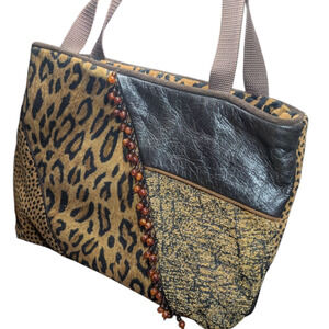 Multi Animal Print /Leather Tote/Purse - 15 x 10 x 3 - Decorative Beads